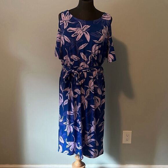 NWT Jaclyn Smith Womens Floral Cold Shoulder Dress Blue - Picture 2 of 9